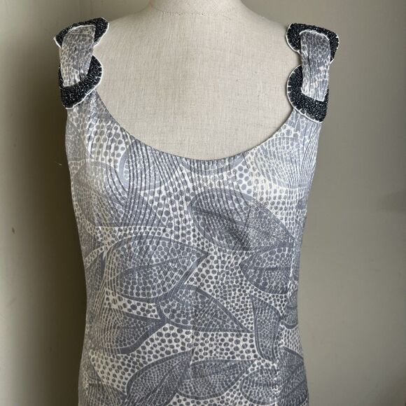 NWT Tory Burch Woman’s Bay Silk Blend Sheath Dress Gray Cream Metallic Gold $425 - Picture 2 of 10